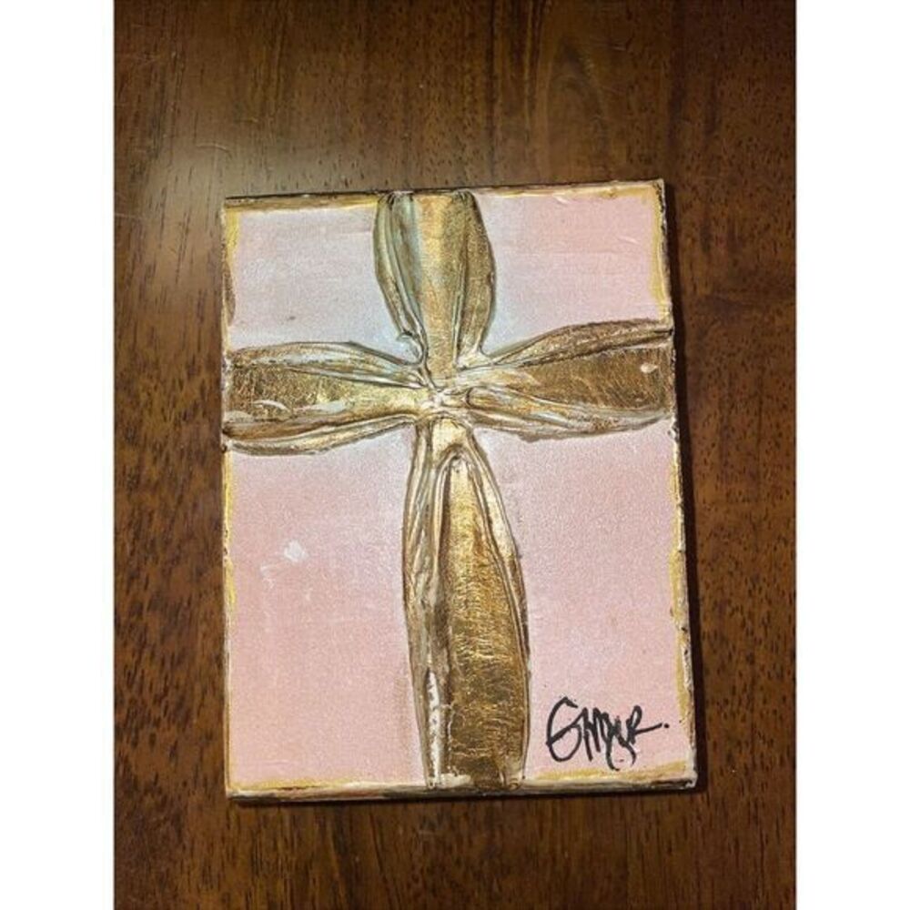 Coral Epiphany Cross On Wooden Block By Ginger Leagh 5"x4" Pink Golden